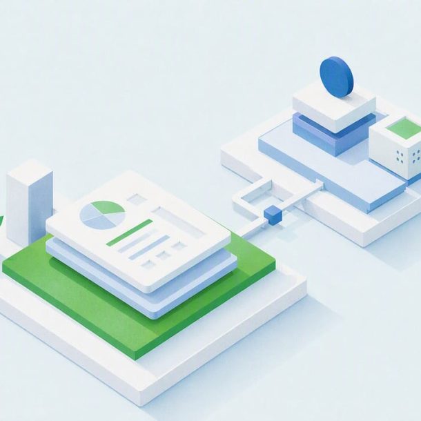 Isometric illustration of augmented bookkeeping workflow