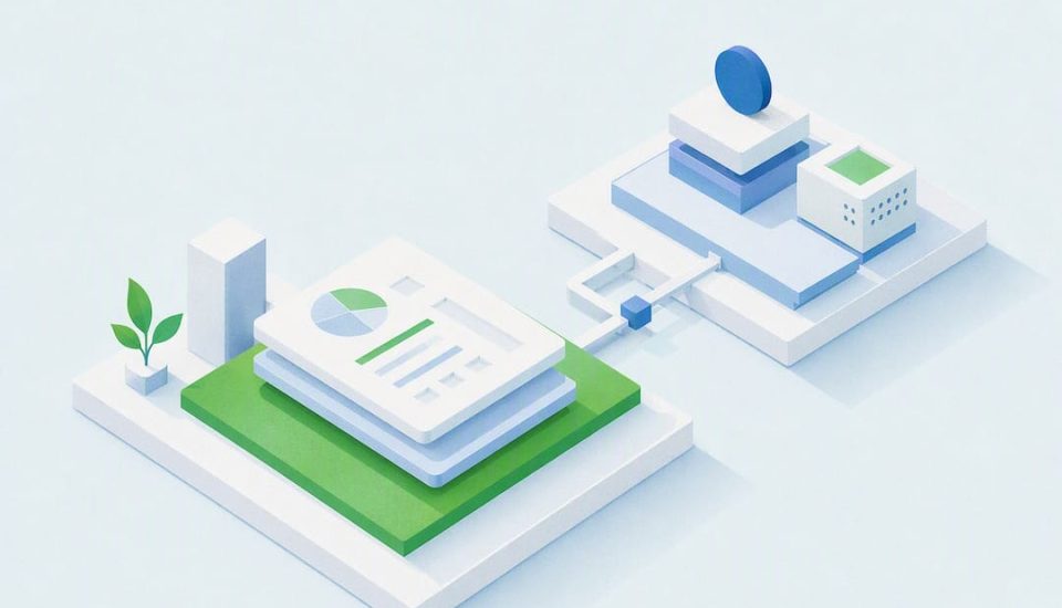 Isometric illustration of augmented bookkeeping workflow
