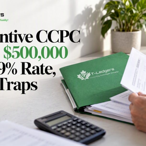 Corporate tax filing beside a green T-Ledgers folder
