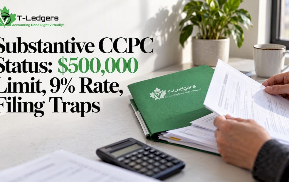 Corporate tax filing beside a green T-Ledgers folder