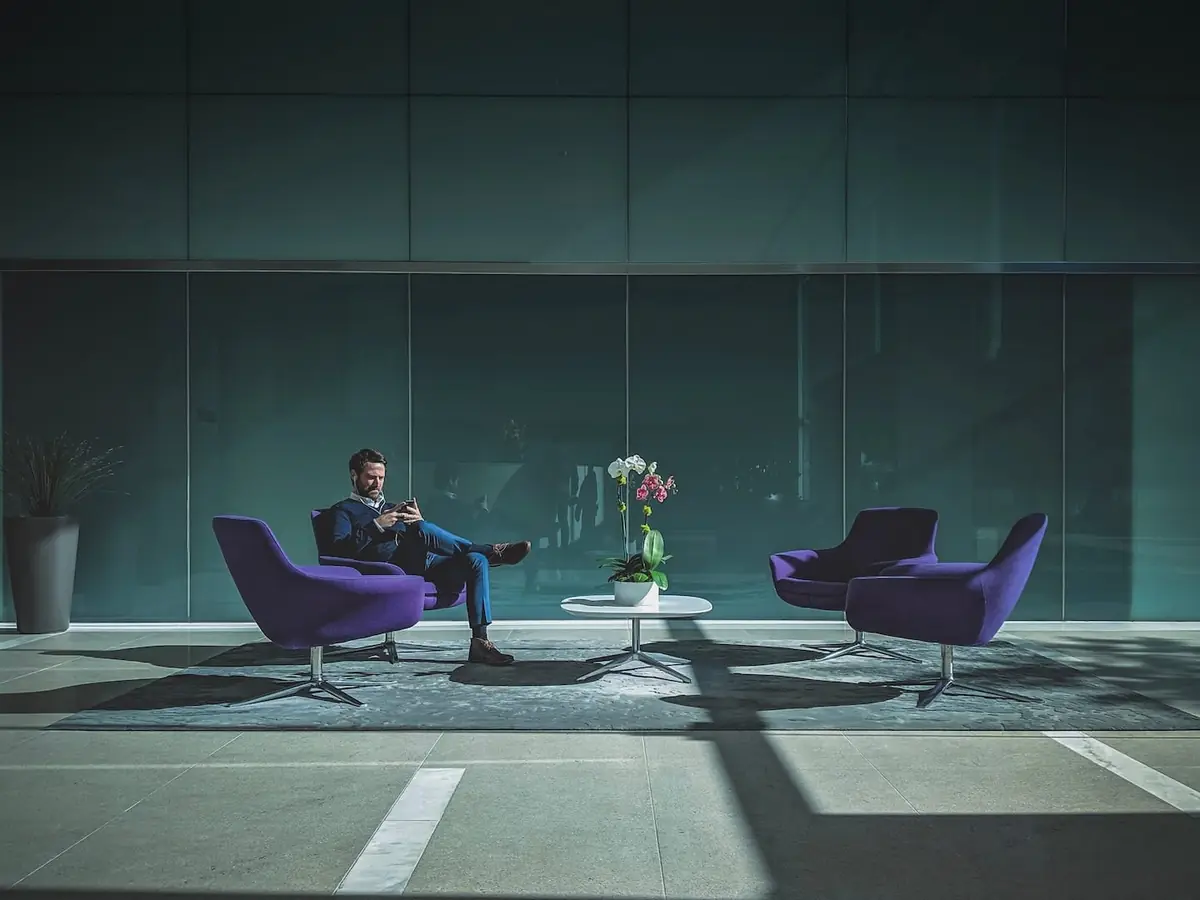 Modern office lobby with lounge chairs